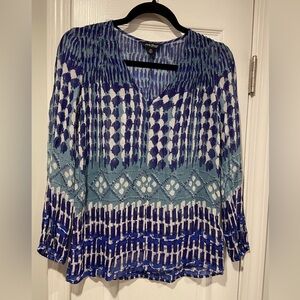 Lucky Brand Sheer Blue V Neck Silver Metallic Thread Long Sleeve Top Size XS